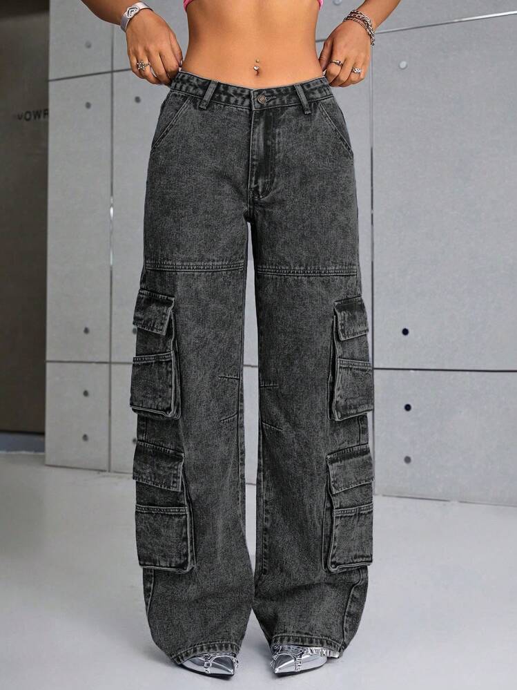 SHEIN ICON 翻蓋口袋工裝牛仔褲 - 灰色 - 查看 1