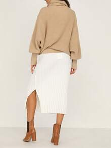 Simplee Funnel Neck Drop Shoulder Ribbed Knit Sweater - Apricot - View 2