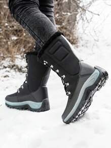 女士保暖内衬防水中筒系带雪地靴，户外旅游休闲冬季黑色雪地鞋 - 黑色 - 查看 4