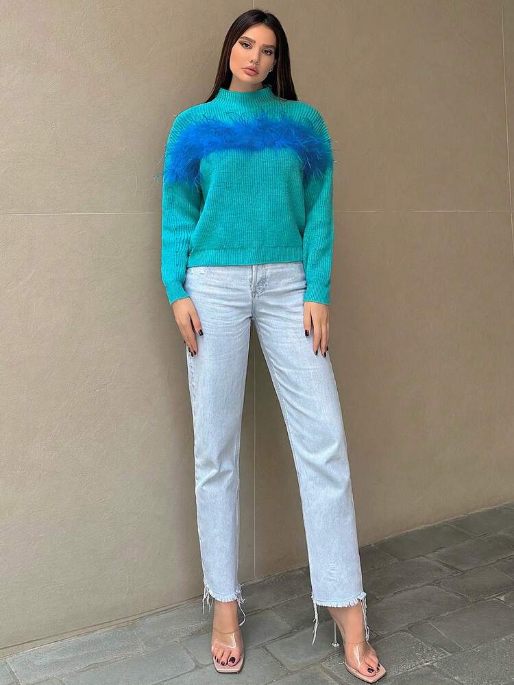 Mock Neck Drop Shoulder Fuzzy Trim Sweater