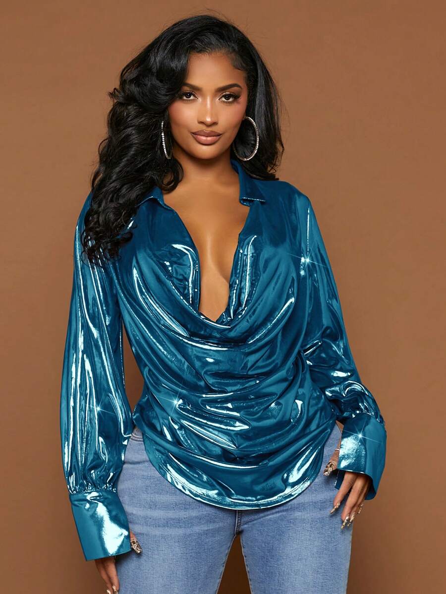 SHEIN SXY Women's Shiny Drape Collar Pullover Shirt - Blue - View 1