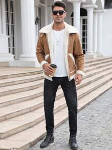 休閒 街頭口袋 拉鍊 拼接領撞色男士外套 - 駝色 - 查看 5