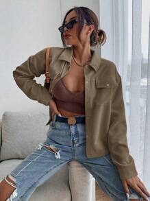 SHEIN EZwear 秋冬翻盖口袋落肩灯芯绒夹克 - 咖啡棕 - 查看 7