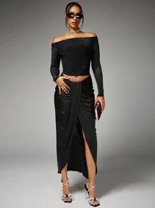 SHEIN BAE Off Shoulder Glitter Crop Top - Black - View 3