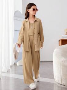 SHEIN Bé gái tuổi teen Thể thao Đường phố Đan Chất rắn Có màu sắc áo có mũ Bộ - Màu Khaki - Xem 5