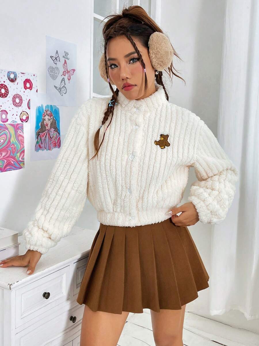 SHEIN EZwear 女款卡通刺繡紐扣毛絨夾克 - 白色 - 查看 1