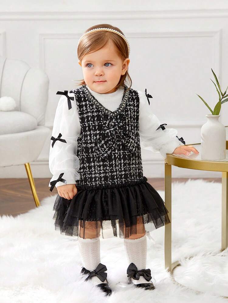 Baby Girls' Sleeveless Patchwork Dress With Knitted Top And Mesh Skirt Set