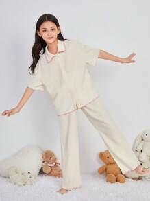 SHEIN Tween 女童撞色纽扣衬衫领休闲家居服套装 - 杏色 - 查看 4