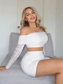 SHEIN SXY 女士翻领露肩褶饰短款上衣和修身半身裙 - 白色 - 查看 5