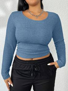 Flirla Plus Size Textured Pleated Long-Sleeved T-Shirt - Teal Blue - View 6