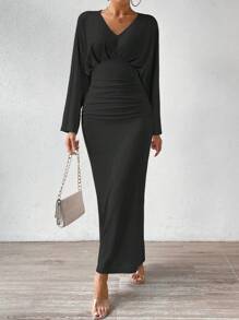 Chiquease Đầm Maxi Ôm Body Xếp Ly Trơn Trang Phục Nữ - màu đen - Xem 3