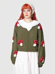 ROMWE Fairycore 女士香菇圖案下垂肩針織開衫毛衣 - 綠色 - 查看 4