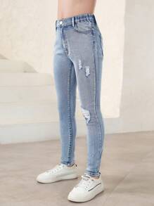 Jeans de mezclilla elásticos para niña preadolescente con efecto desgastado - Azul lavado medio - Ver 3