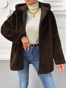 EURMUSE Zipper Hooded Fuzzy Coat - Dark Grey - View 1