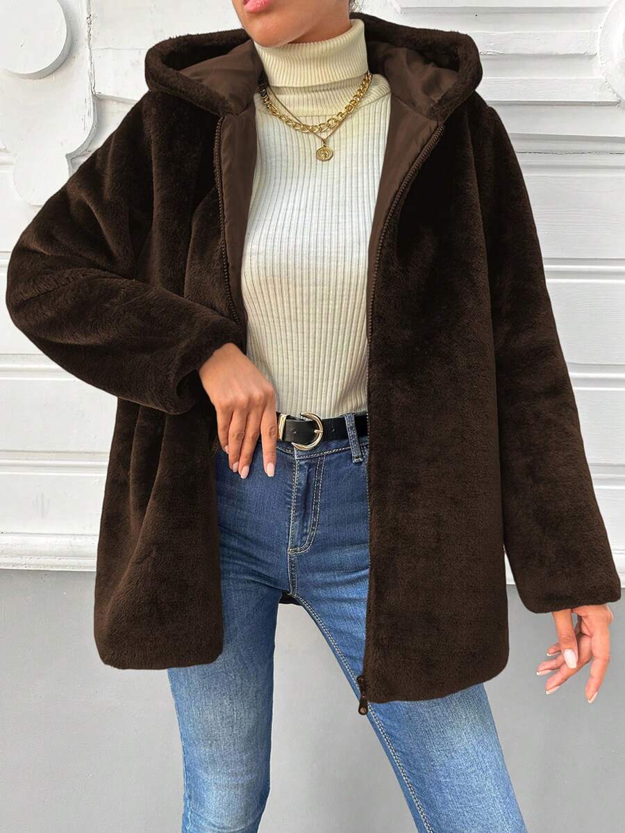 EURMUSE Zipper Hooded Fuzzy Coat - Dark Grey - View 1