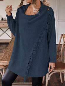 SHEIN LUNE Plus Size Fringe Trim Casual Design Cardigan - Blue - View 6