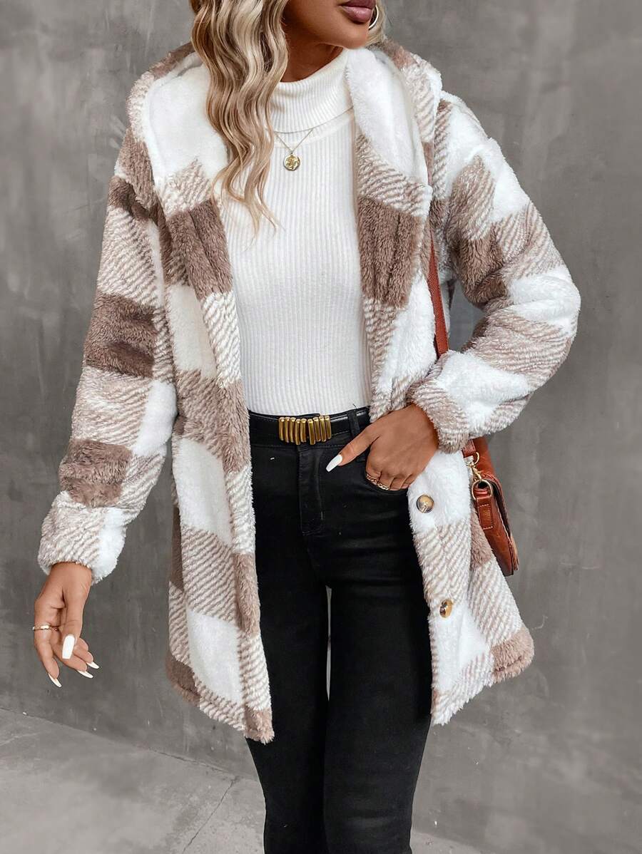 SHEIN LUNE Buffalo Plaid Pattern Hooded Flannel Coat - Khaki - View 1