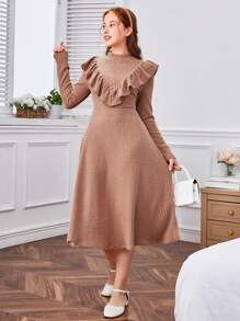 SHEIN Leap Crew Thiếu niên Cô gái Dệt kim Sọc Đứng cổ áo Viền Ruffle Tay áo dài Đầm - Hồng - Xem 1