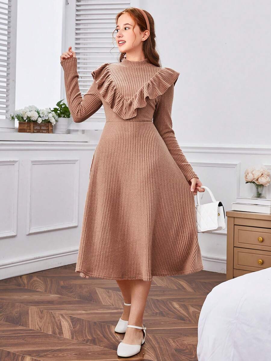 SHEIN Leap Crew Thiếu niên Cô gái Dệt kim Sọc Đứng cổ áo Viền Ruffle Tay áo dài Đầm - Hồng - Xem 1