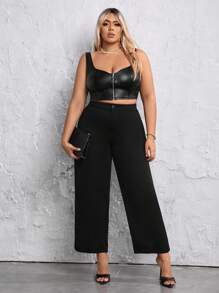 SHEIN SXY 大尺碼純色寬褲 - 黑色 - 查看 3