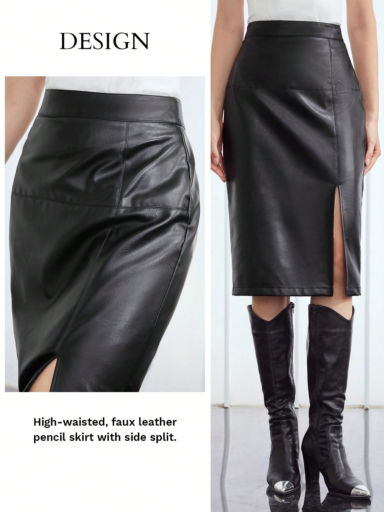 KNEE-LENGTH PU LEATHER SKIRT｜Motf