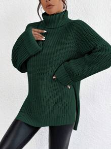 EURMUSE Turtleneck Raglan Sleeve Split Hem Sweater - Green - View 5