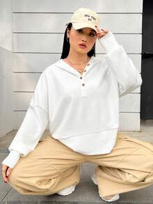 SHEIN EZwear Áo nỉ cỡ lớn cài nửa tay, vai rớt - trắng - Xem 7