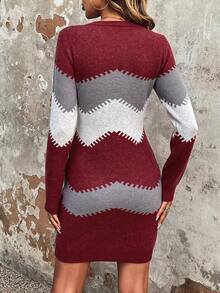 SHEIN LUNE Của phụ nữ Zigzag Pattern Áo len dệt kim Đầm - Đỏ - Xem 2