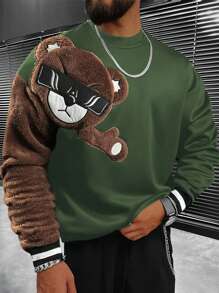 Manfinity Homme Loose Fit Men's Round Neck Pullover With Bear Embroidery - Army Green - View 1