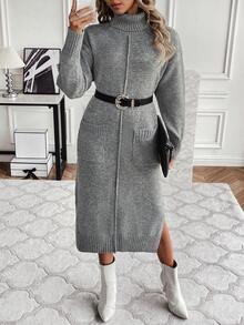 SHEIN Clasi 女性毛衣洋裝帶側下擺開叉和口袋 - 淺灰色 - 查看 6