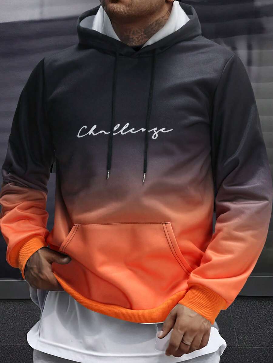 Manfinity LEGND Men Ombre Letter Graphic Kangaroo Pocket Drawstring Hoodie - Orange - View 1