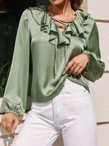 RueChic Lace Up Front Ruffle Trim Lantern Sleeve Satin Blouse - Army Green - View 1