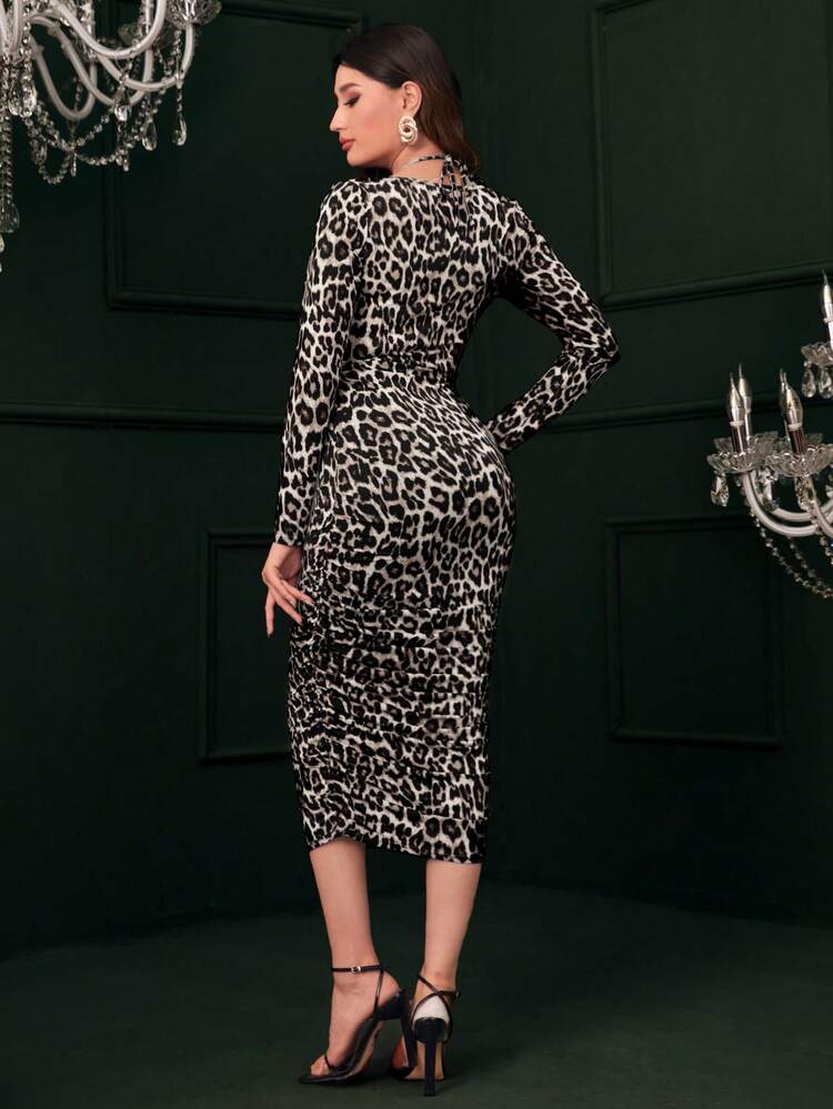 Leopard Print Criss-cross Tie Waist Dress