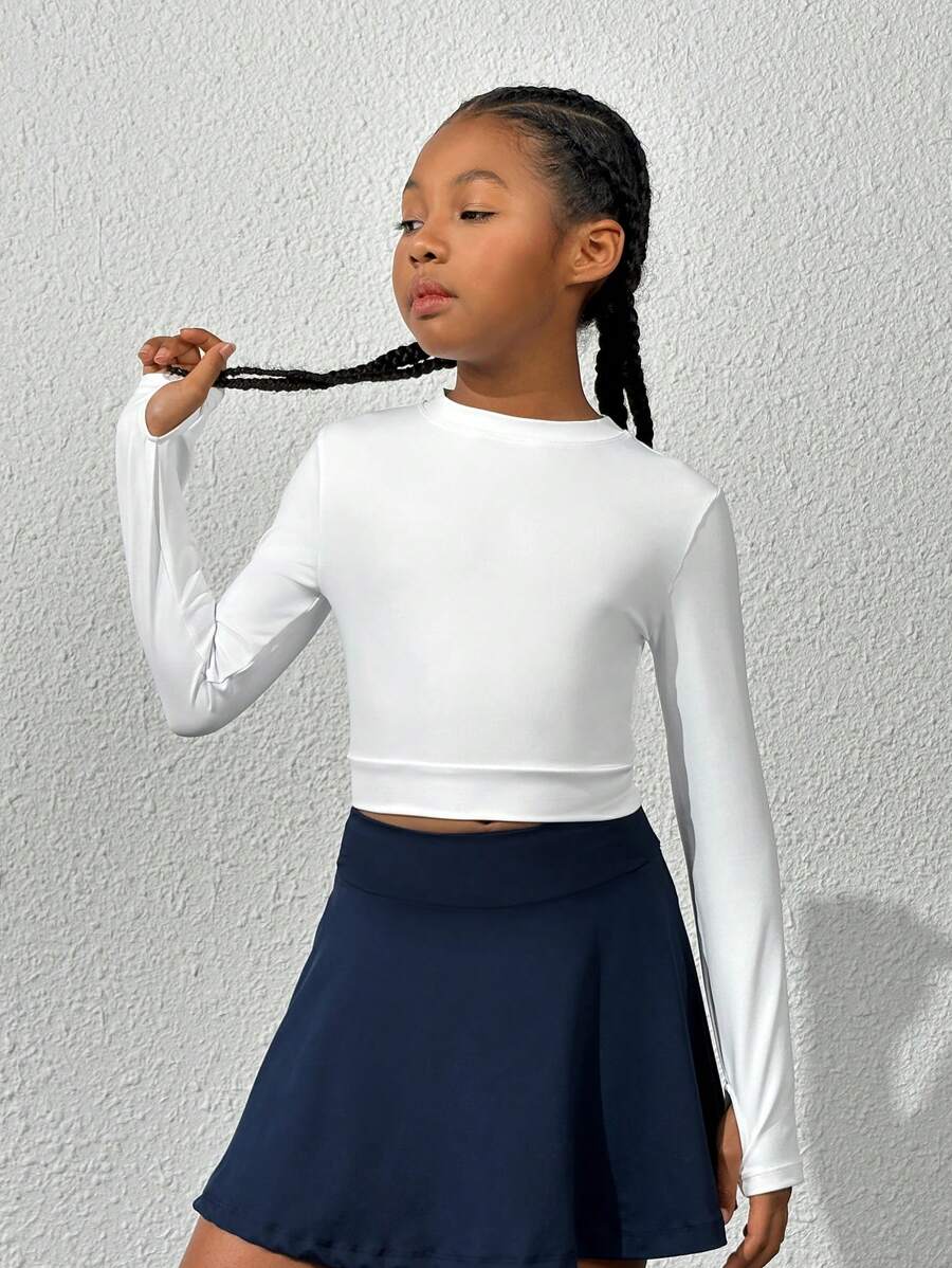 SHEIN Tween Girls' Thumb Hole Sports T-Shirt - White - View 1