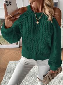 SHEIN LUNE Women's Open Shoulder Cable Knit Sweater - Green - View 5