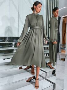 GENKIRA Mock Neck Lantern Sleeve Dress Without Belt - Army Green - View 4