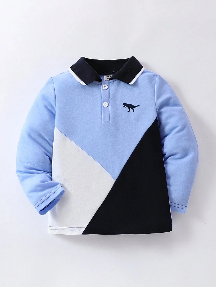 SHEIN Young Boy Colorblock Dinosaur Embroidery Polo Shirt - Multicolor - View 1