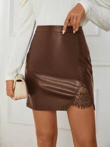 SHEIN Clasi Ren tương phản chất liệu da PU Váy bodycon - màu nâu - Xem 3