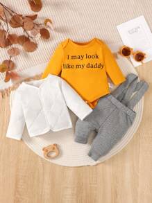 男嬰標語圖案連身背心&背帶褲&外套 - 彩色 - 查看 1