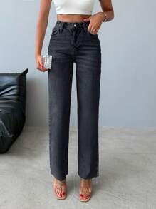 EURMUSE 100%Cotton Women's Straight Leg Denim Jeans - Dark Grey - View 3