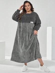 Mulvari 加大尺碼彩塊拼接細節下垂肩毛衣連衫裙保暖服 - 淺灰色 - 查看 6