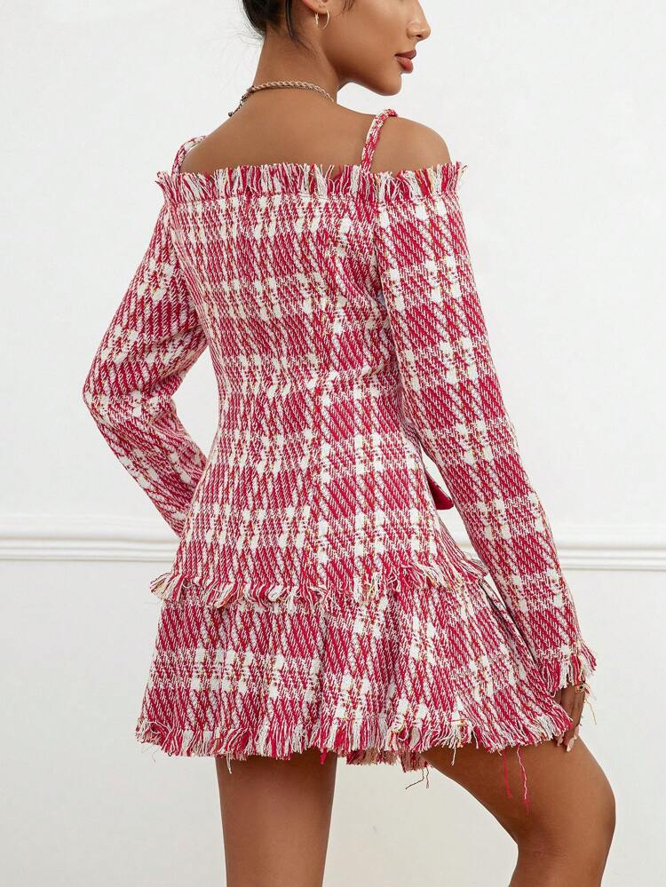 Off-shoulder Collar Raw Hem Detail Tweed Jacket And Skirt Set