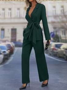SHEIN Clasi Solid Color Wrapped Knot Blazer Suit - Dark Green - View 4