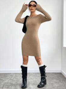Flirla Vestido De Suéter Acampanado Y Cuerpo Ajustado Con Hombros Descubiertos