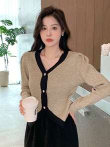 DAZY Contrast Trim Puff Sleeve Cardigan - Khaki - View 5