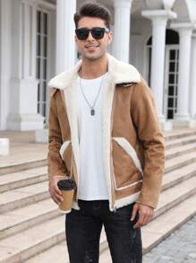 休閒 街頭口袋 拉鍊 拼接領撞色男士外套 - 駝色 - 查看 1
