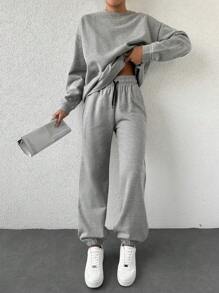 EURMUSE Drop Shoulder Sweatshirt & Sweatpants - Grey - View 4