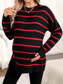 SHEIN Maternity Drop Shoulder Striped Sweater - Black - View 6
