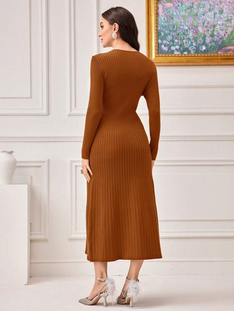 Surplice Neck Ribbed Knit Sweater Dress