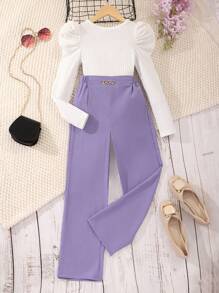 SHEIN Cô gái Tween Ngắn tay Khối màu Áo thun Và Quần Chạy bộ Bộ - trắng - Xem 1